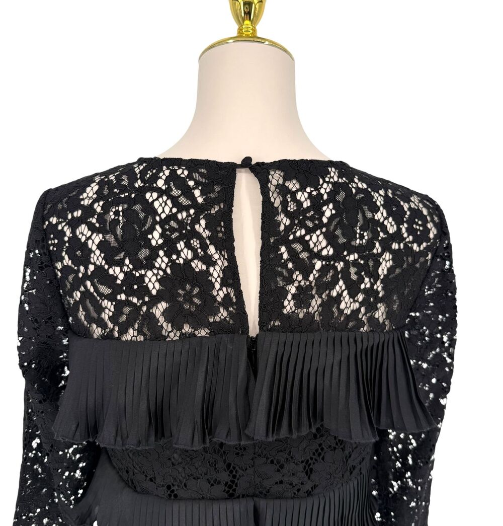 J Crew Black Lace Ruffle Top 4 Sheer Sleeve Floral Pleated Tiered Blouse Keyhole - Picture 9 of 10